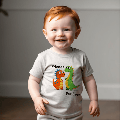 Infant wearing Dino Friends Forever T-Shirt, featuring colorful dinosaur print, ideal for everyday wear.