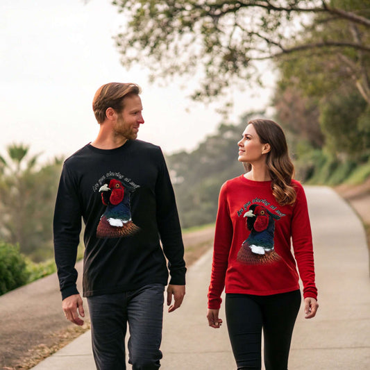 Funny Pheasant Tee with playful design, unisex long sleeve, eco-friendly cotton, vintage feel, ideal for nature lovers and bird enthusiasts.