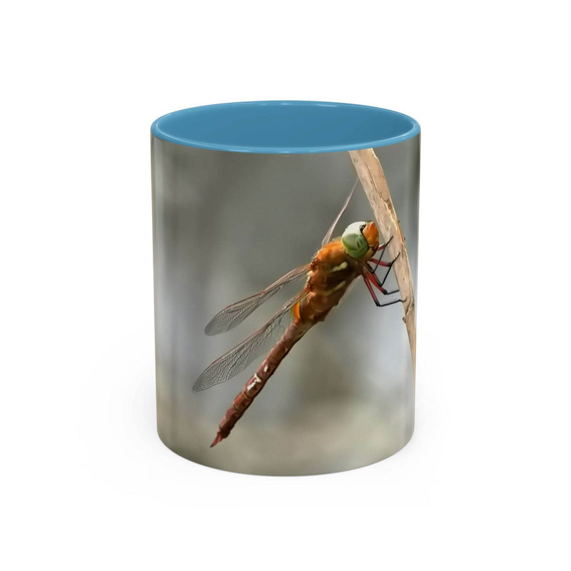 Pretty dragonfly accent coffee mug in 325ml size, designed with a light blue handle and light blue inside for a stylish pop of personality.