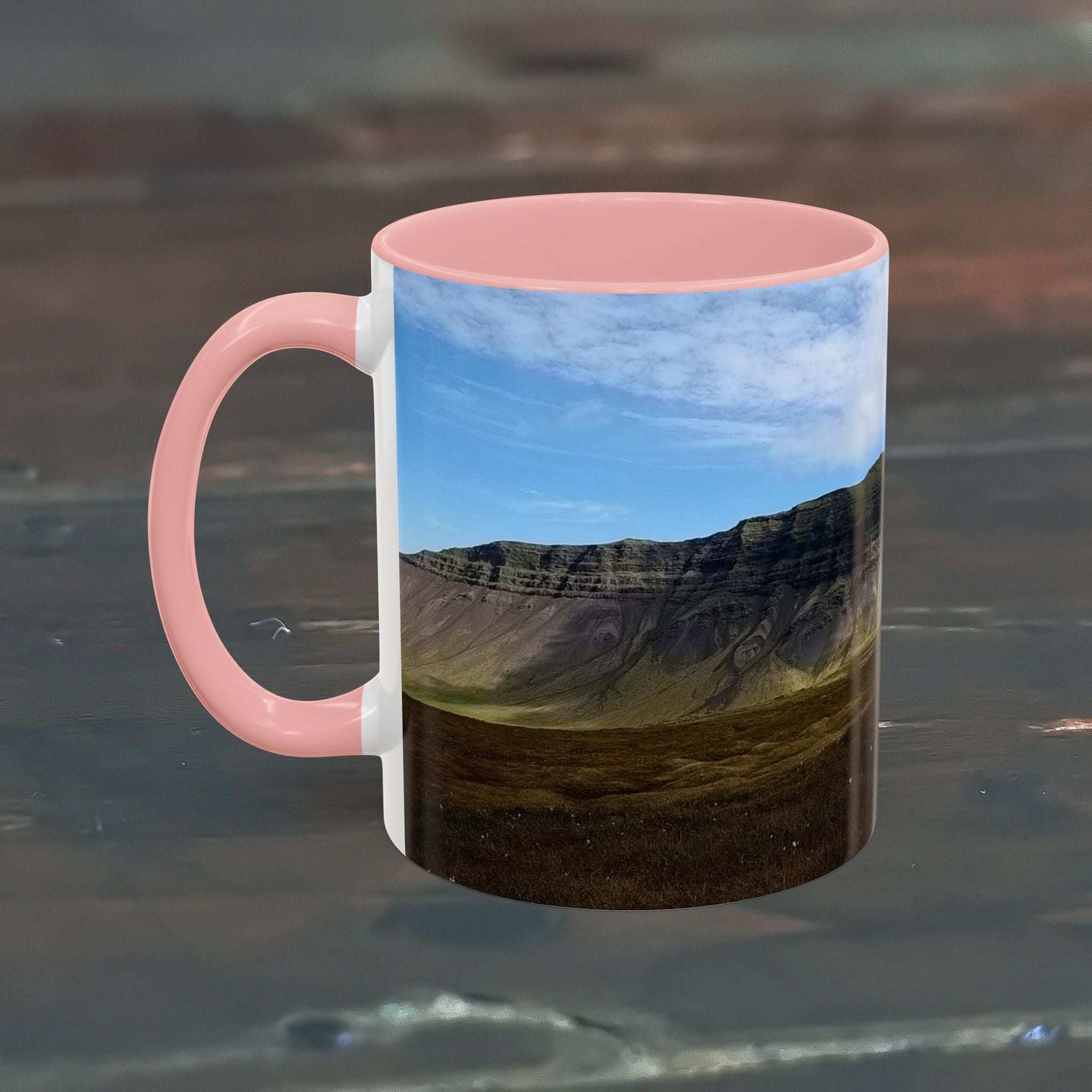 11oz coffee mug featuring Iceland scenery on high-quality ceramic with pink handle.