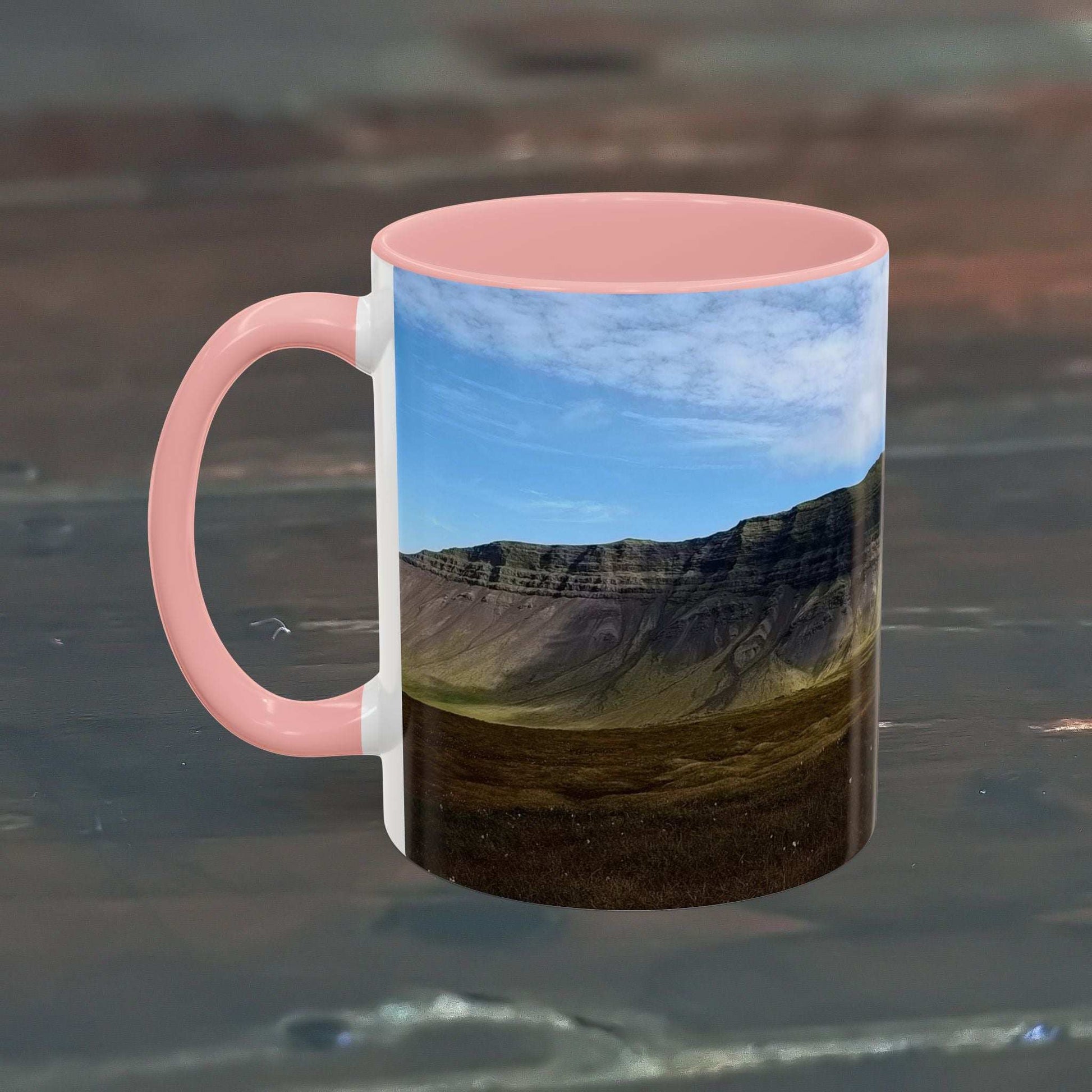 11oz coffee mug featuring Iceland scenery on high-quality ceramic with pink handle.