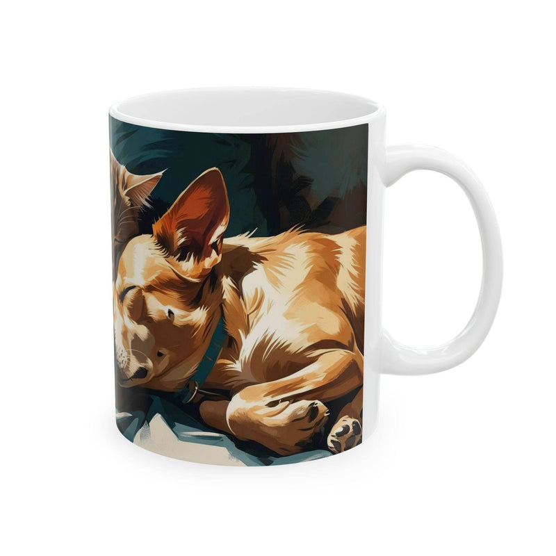 Premium 11oz pet themed Mug Sleeping Cat and Dog filled with warm morning tea on a rustic wooden dining table.