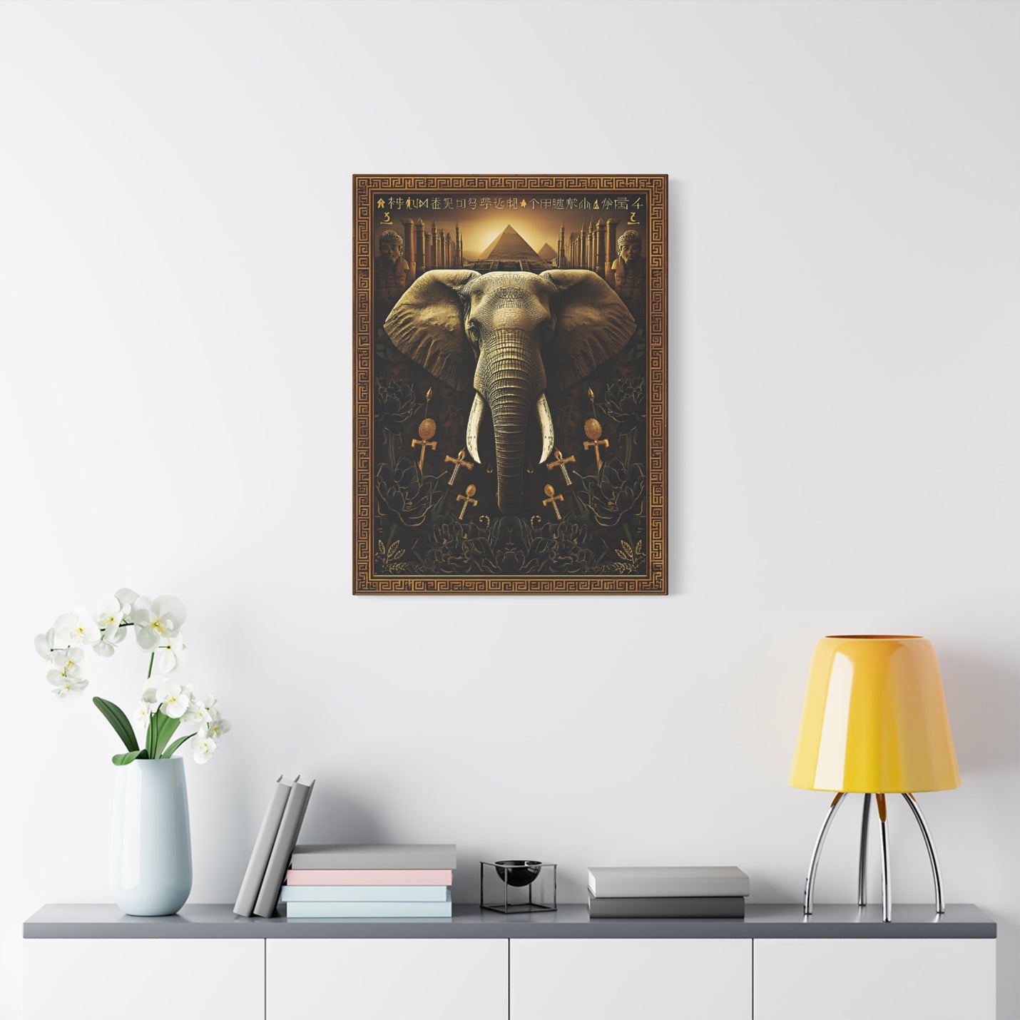 Premium 24″ x 32″ | 60.96 cm x 81.28cm mythic elephant canvas print with a 1.25″ | 3.18 cm thick gallery profile.