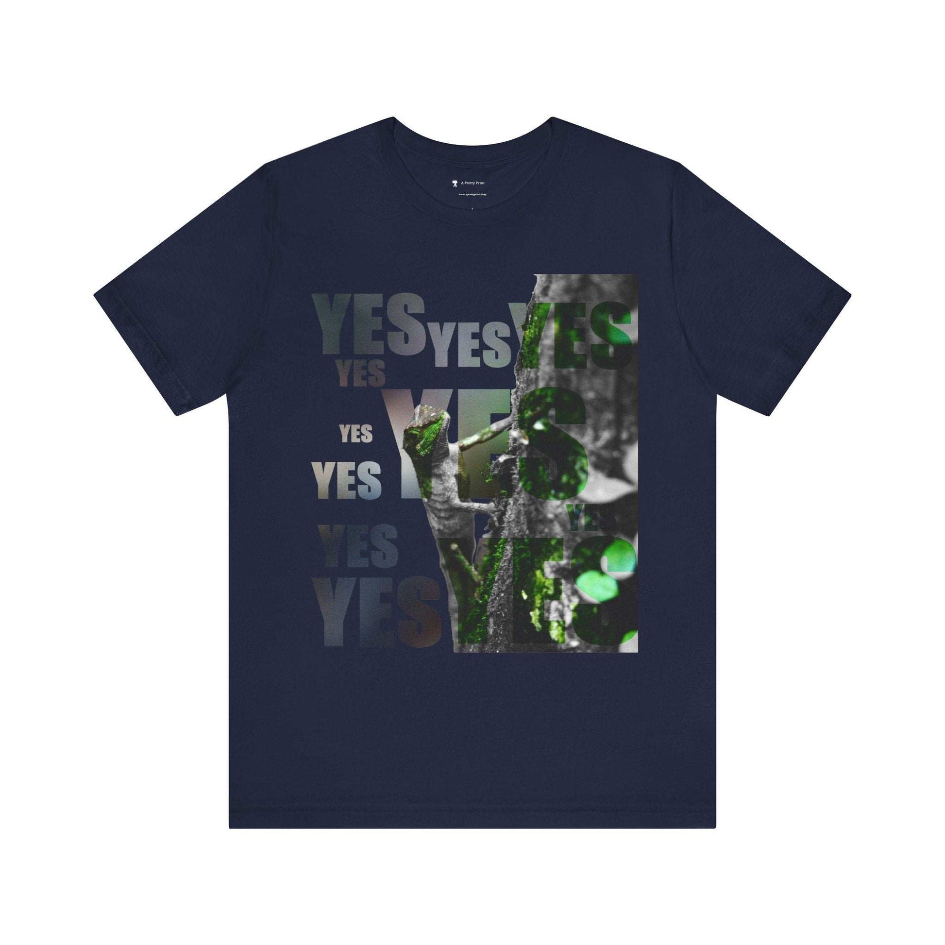 Diploderma Nature Print Unisex Tee with "Yes" graphic, dark color, nature-inspired design.