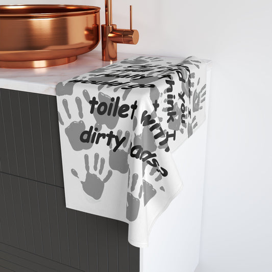 Funny hand towel with quirky quote, perfect for gifts and home decor, displayed in a modern bathroom setting.