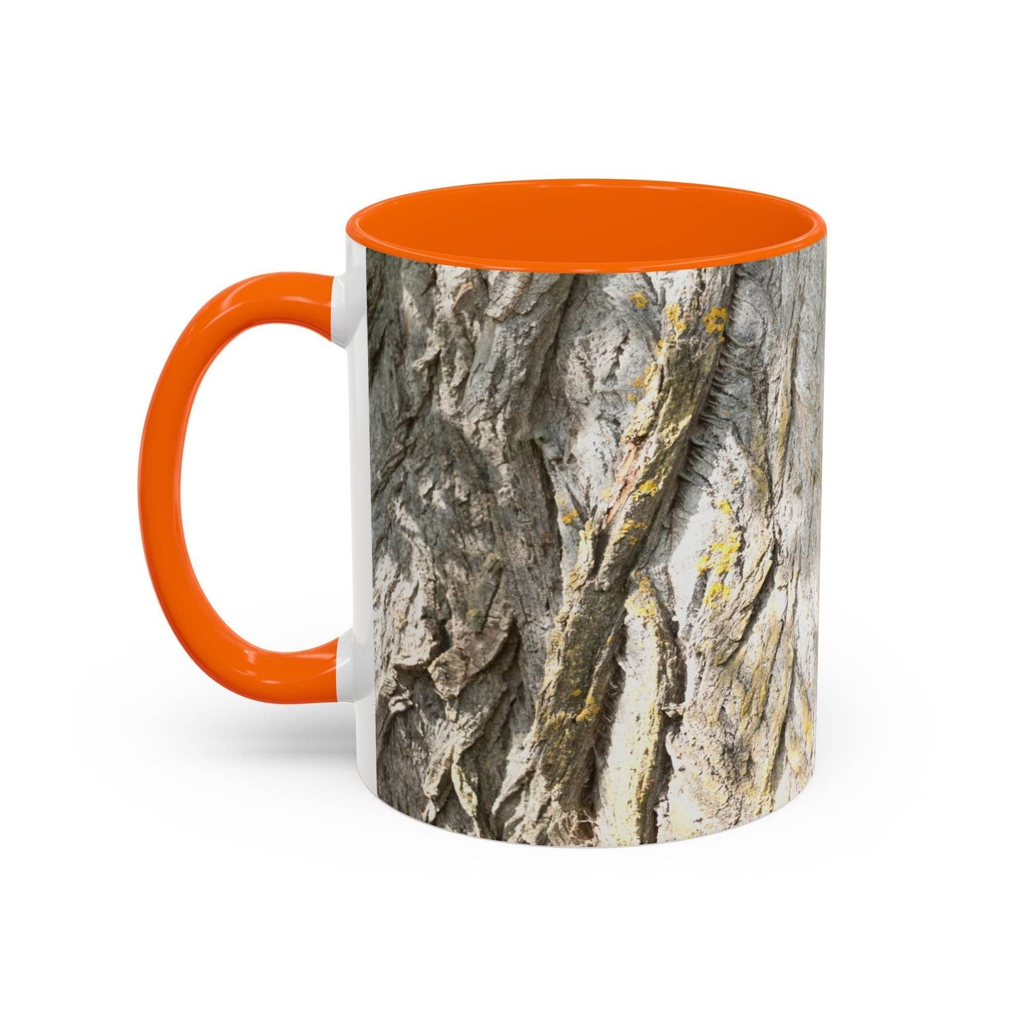 325ml Kaffeebecher mit orangem Henkel und oranger Innenseite, gestaltet im gemütlichen und rustikalen Tree Trunk Design.