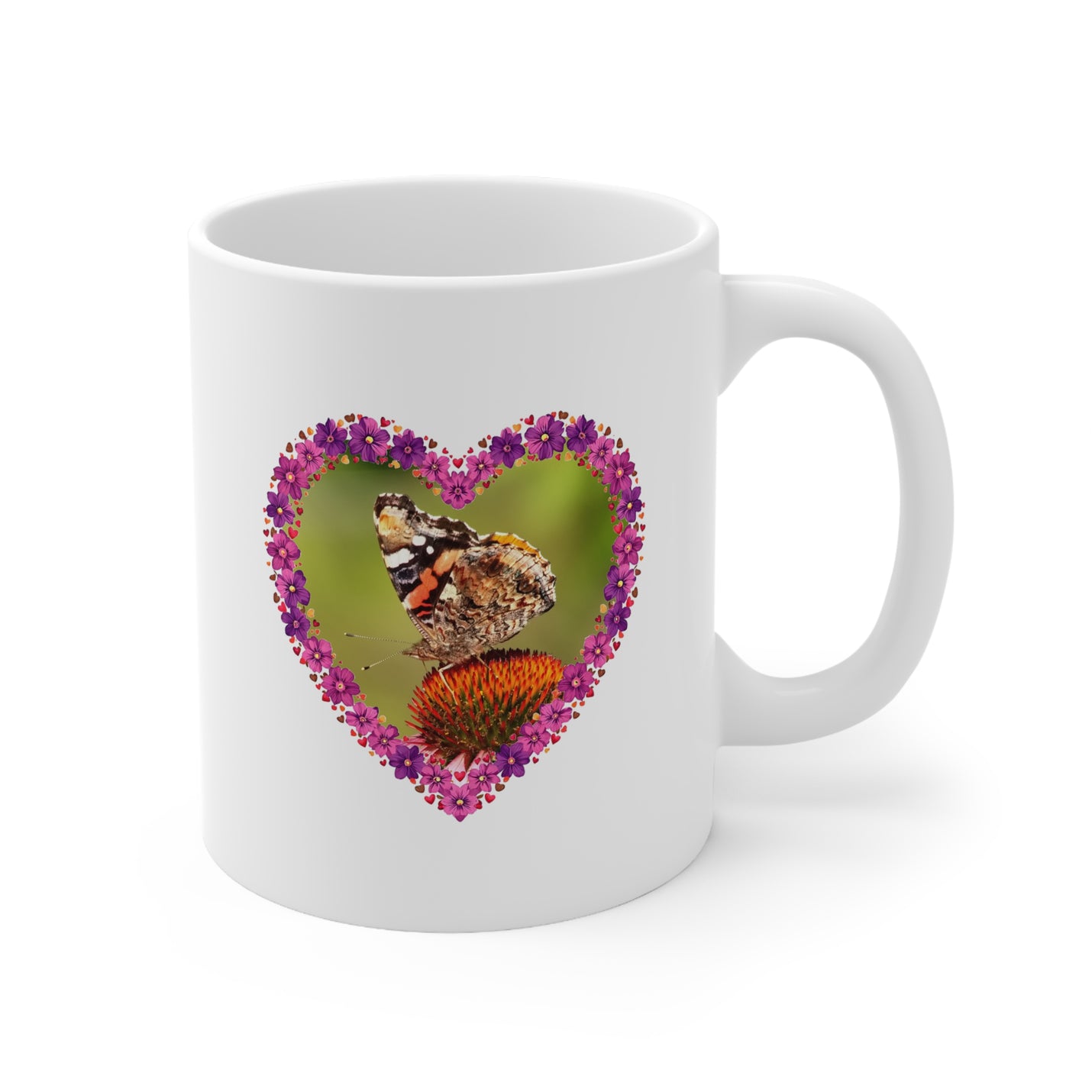 Floral nature 325ml coffee cup with an ORCA coating showing a pink and purple heart flower frame and butterfly design.