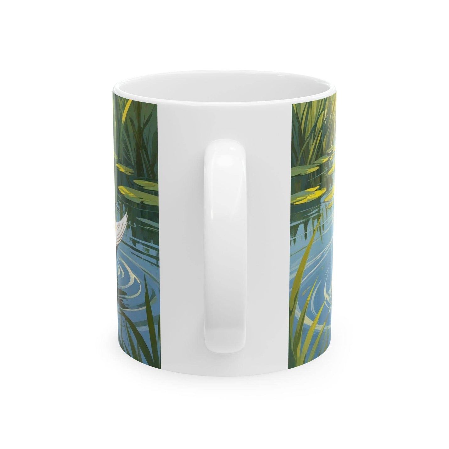 Nature-inspired 11oz ceramic mug decorated with an illustration of swimming ducks.