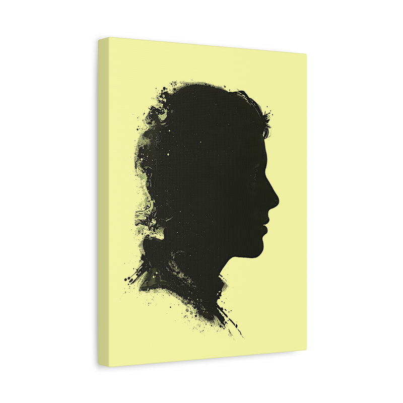 Silhouette Portrait Canvas Print — Vintage Black Profile on Soft Yellow Matte