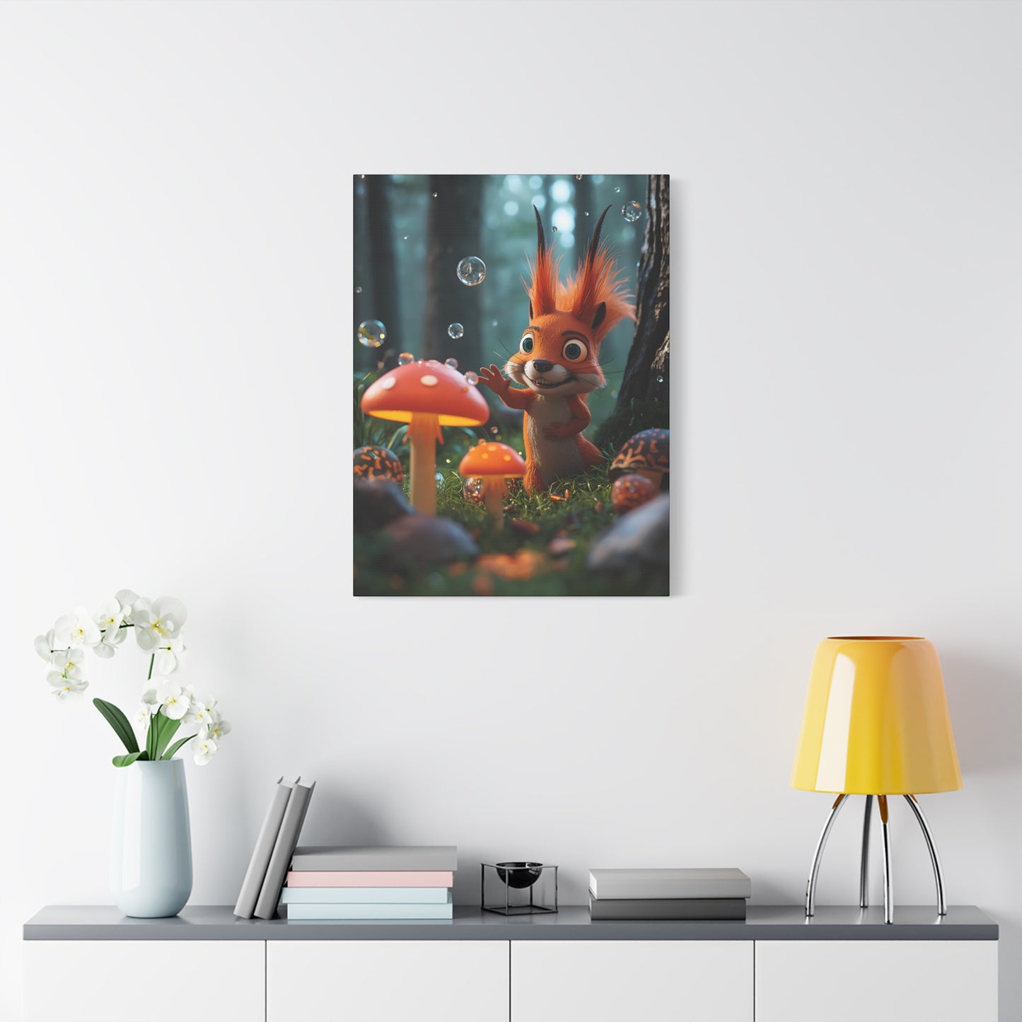 Niedliches Eichhörnchen & Pilz-Leinwandbild – Verspielte Wald-Wandkunst fürs Kinderzimmer