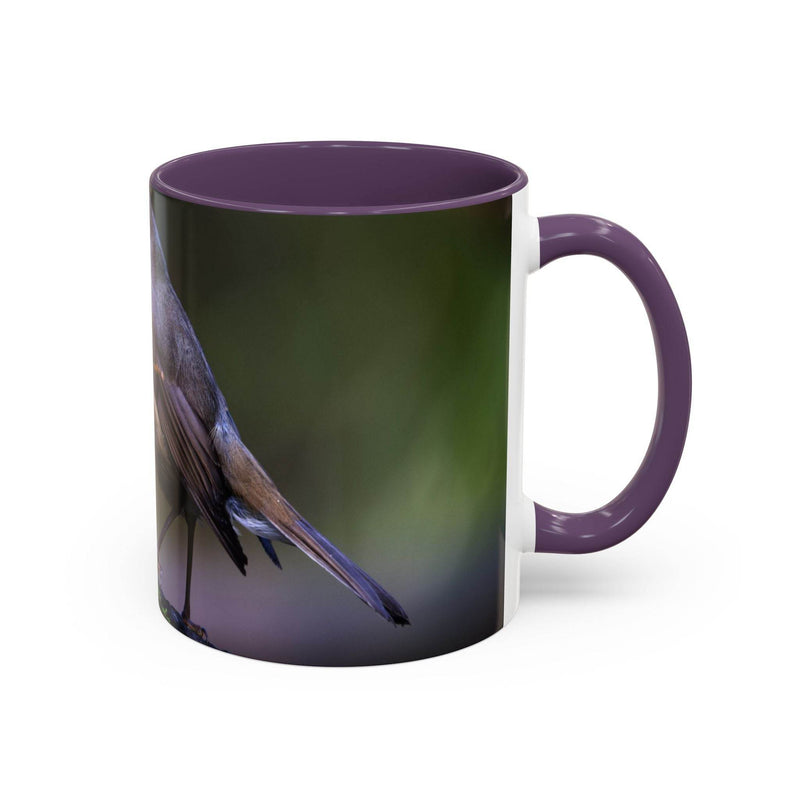 Nature inspired 11oz robin mug featuring a contrast purple handle and purple inside, perfect bird lovers gift.
