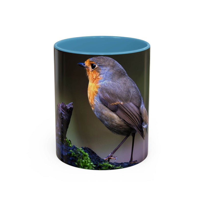 11oz robin coffee mug with a light blue handle and light blue inside, a beautiful nature gift for bird lovers.