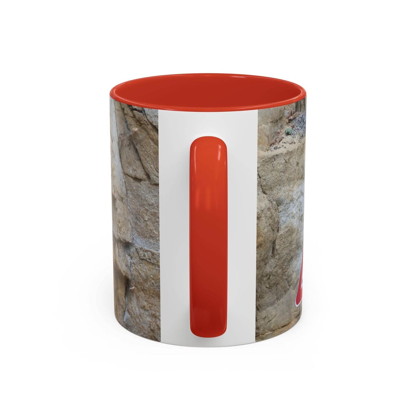 Langlebiger 325ml Bergsteiger Keramik-Becher für Outdoor-Fans, komplett mit einem stabilen roten Henkel und roter Innenseite.