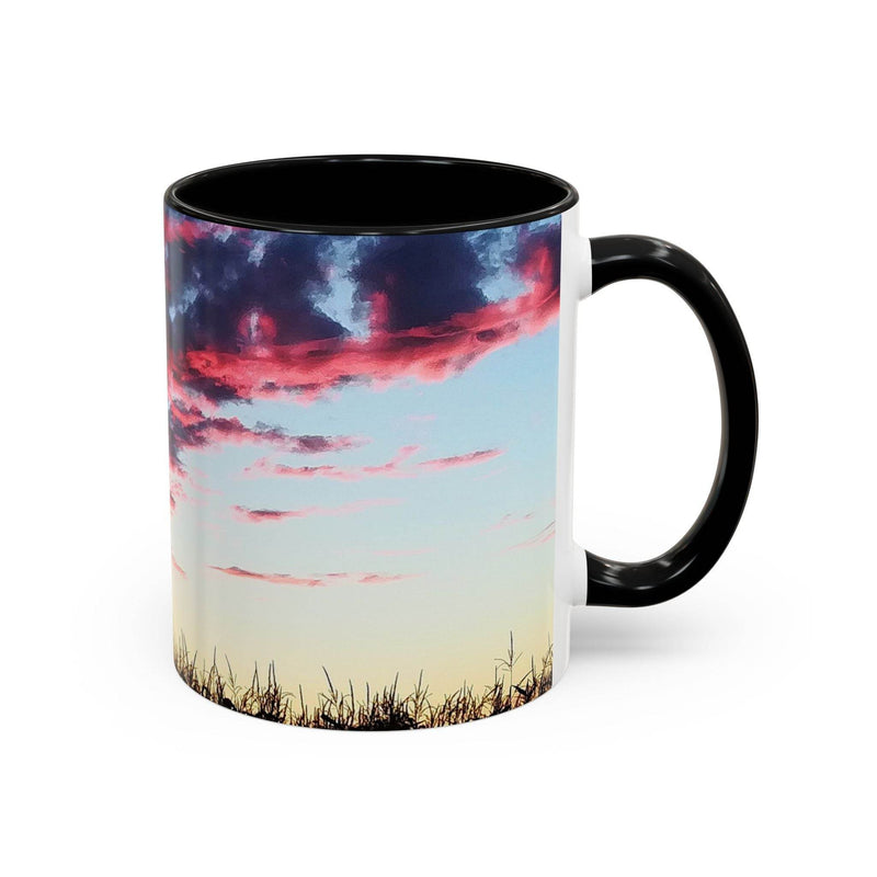 Lebendiger 325ml Sonnenuntergang Keramik-Becher, ideal fürs Homeoffice, mit schwarzem Henkel und schwarzer Innenseite.