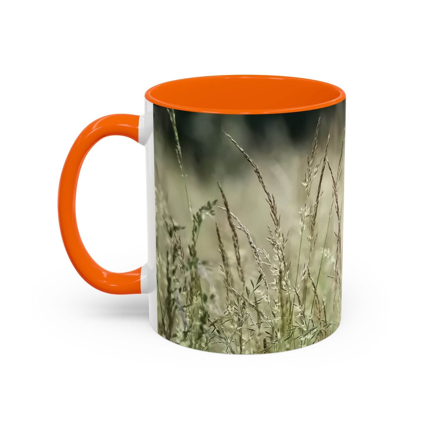 Ein 325ml blühendes Gras Keramik-Becher mit einem orangen Henkel und einer orangen Innenseite für lebendige Momente.