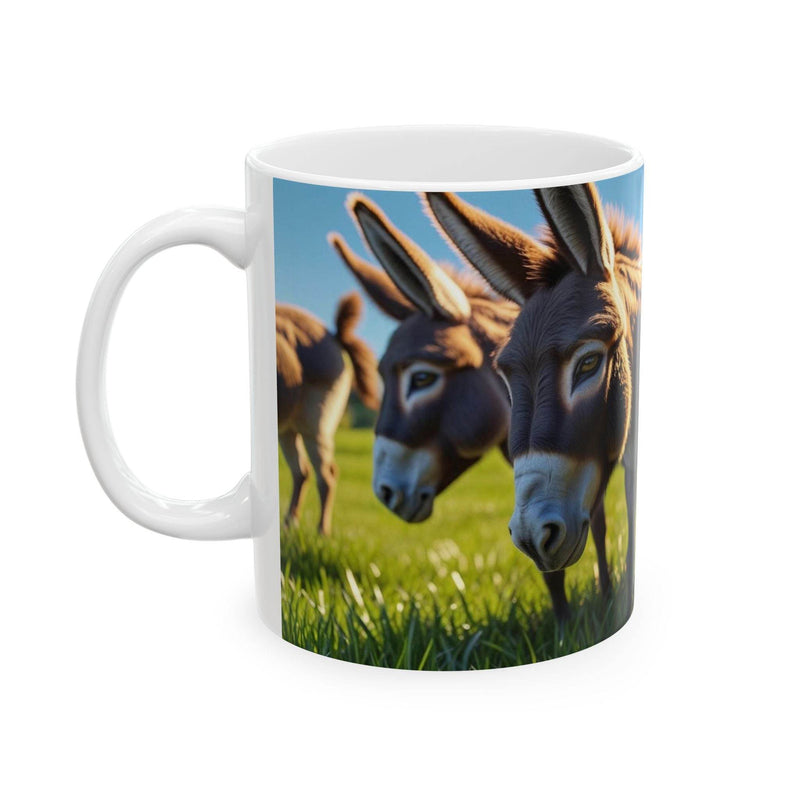 Adorable 11oz Mug with cute donkeys - Coffee Mug featuring sweet animal illustrations on a modern wooden kitchen counter layout.
