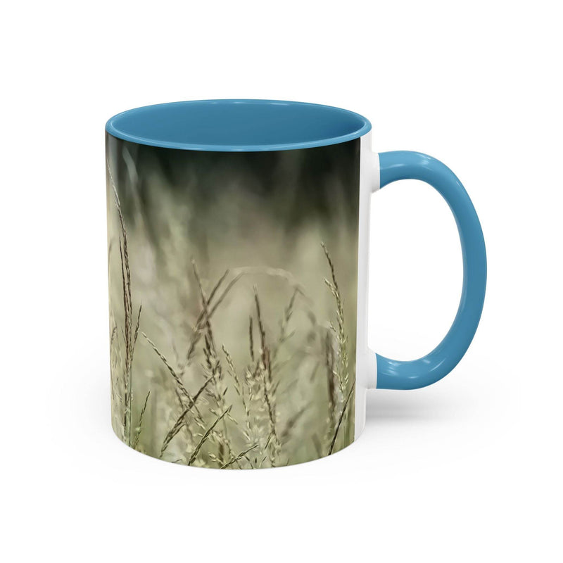 Ruhiger 325ml Keramik-Becher mit blühendem Gras, ideales Geschenk mit einem hellblauen Henkel und hellblauer Innenseite.