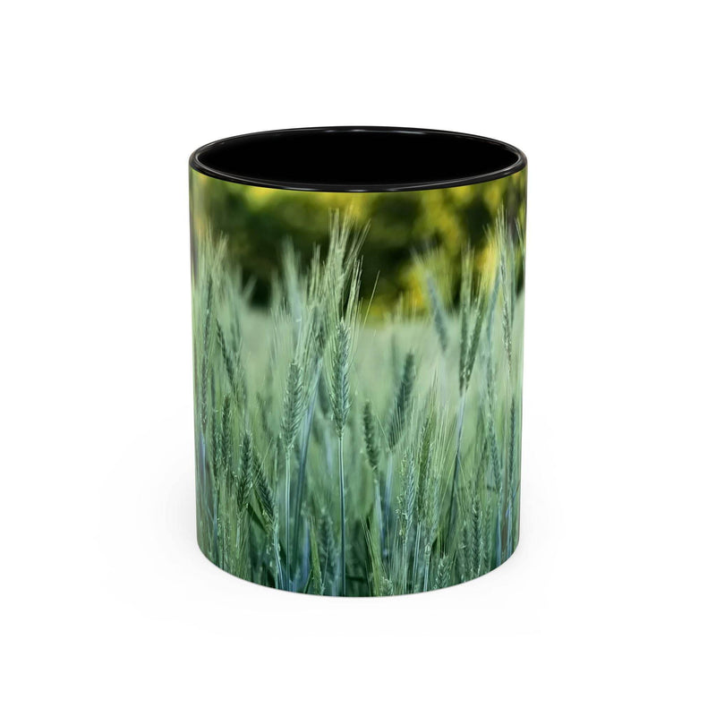 Cozy lifestyle view of 11oz Mug - Wheat Field Design Coffee Mug, styled with a black handle and black inside on a tray.