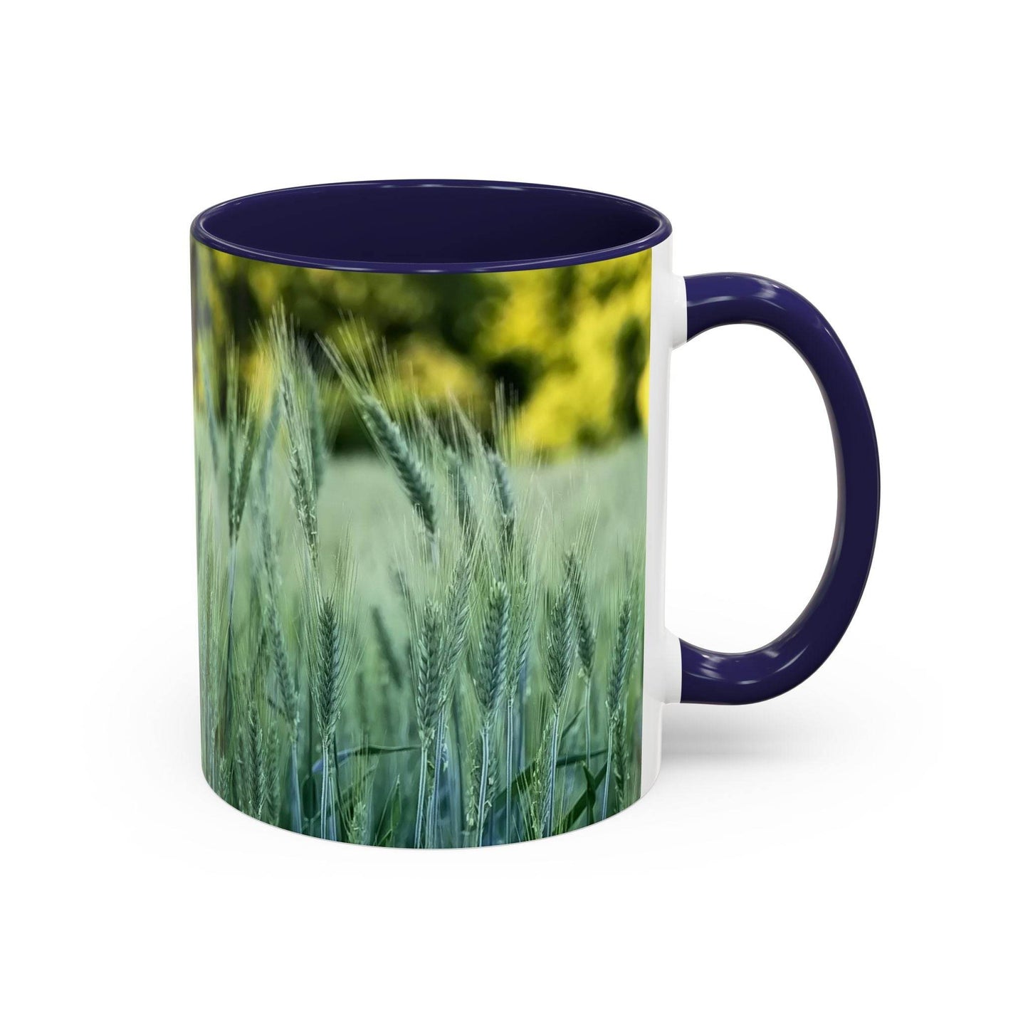 Serene 11oz Mug - Wheat Field Design Coffee Mug showing the navy handle and navy inside next to clean decor.