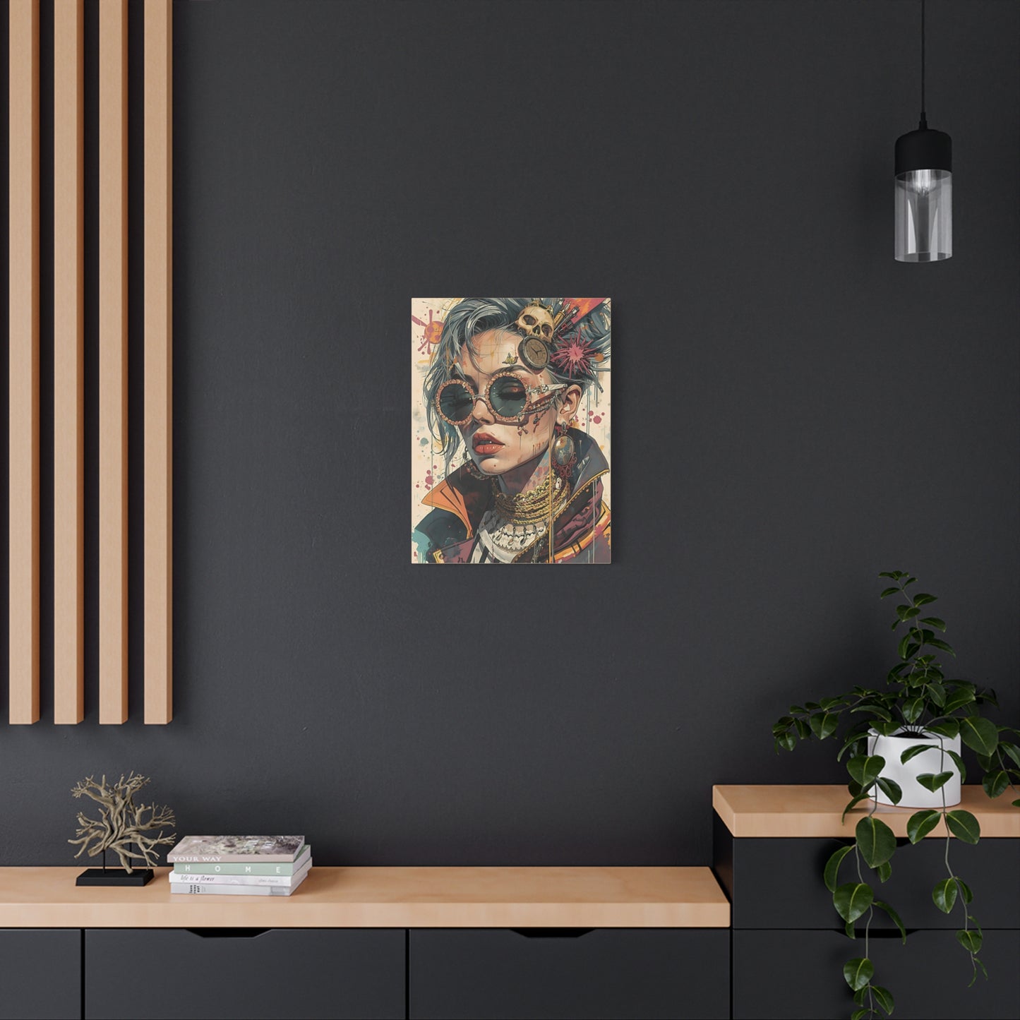 Steampunk Portrait Matte Canvas Art – Edgy Sunglassed Woman Wall Decor