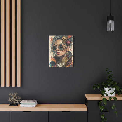 Steampunk Portrait Matte Canvas Art – Edgy Sunglassed Woman Wall Decor