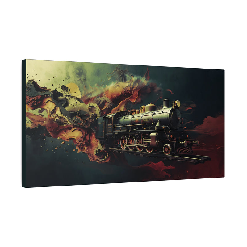 Vintage train in fiery smoke canvas print in 30″ x 15″ | 76.20 cm x 38.10 cm and 1.25″ | 3.18 cm profile.