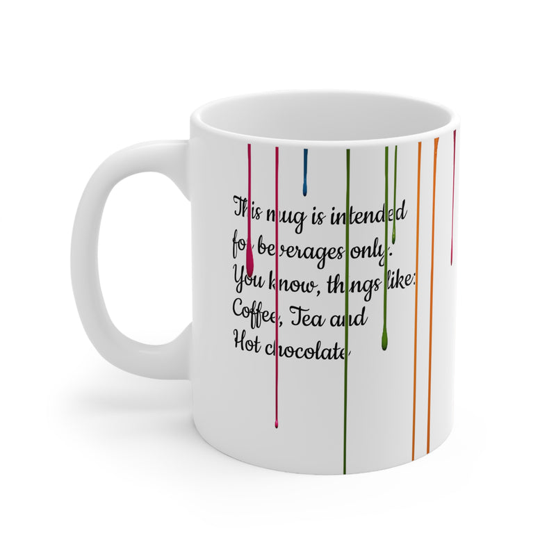 Kreativer 325ml glänzend weißer Keramik-Becher mit spielerischen Farbtropfen in einem bunten Regenbogen aus Farben.