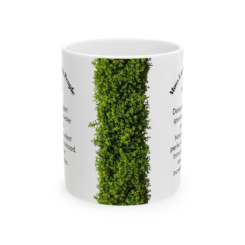 Glossy 11oz Moss Lawn for Lazy People Mug | Funny Gardening Coffee Cup with a comfortable C-handle near a sunlit room window.