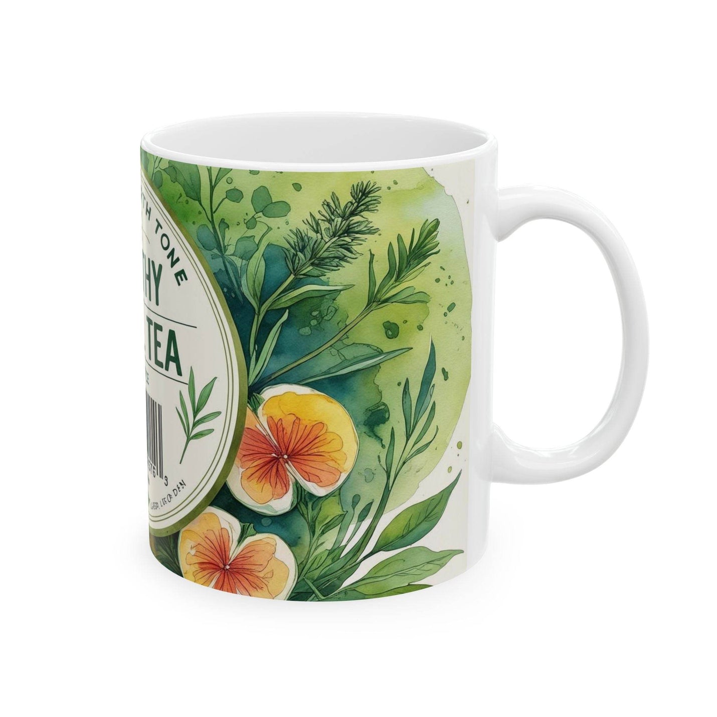 Premium 11oz wellness themed Mug - Healthy Herbal Tea filled with warm morning beverage on a dining table.