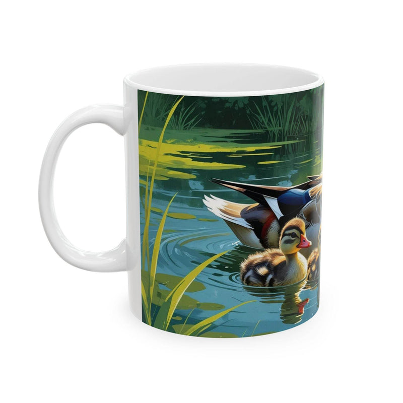 Charming 11oz ceramic coffee mug featuring a mother duck swimming with her little ducklings.