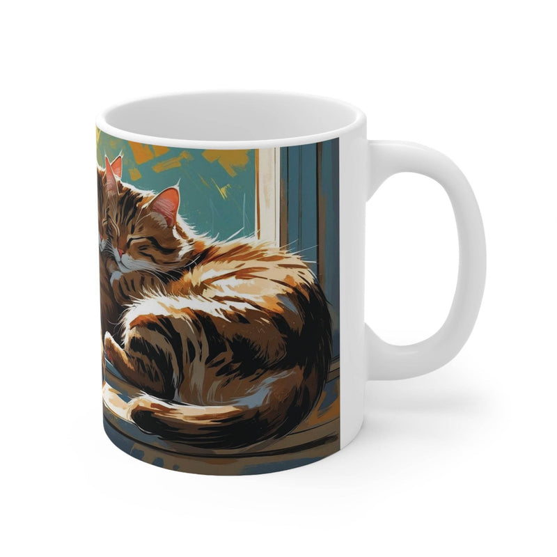 Herzlicher 325ml Keramik-Becher mit detailreicher Illustration von drei schlafenden Katzen, tolles Geschirr für Katzenfans.