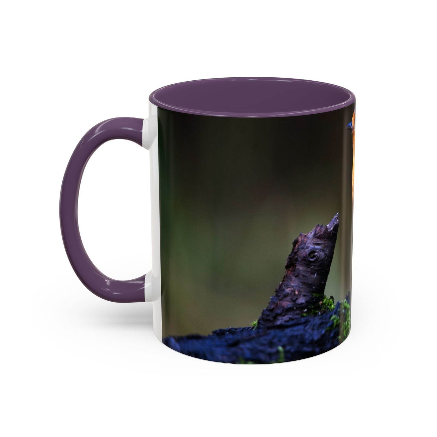 Nature-inspired 325ml robin mug with purple inside and handle.