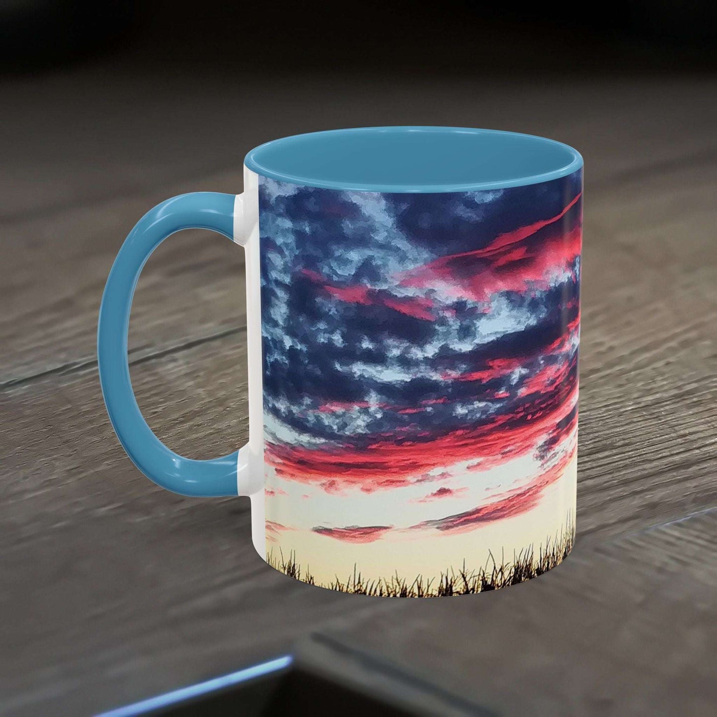 Vibrant 11oz sunset accent coffee mug with artistic design, ideal for nature lovers and home office decor.