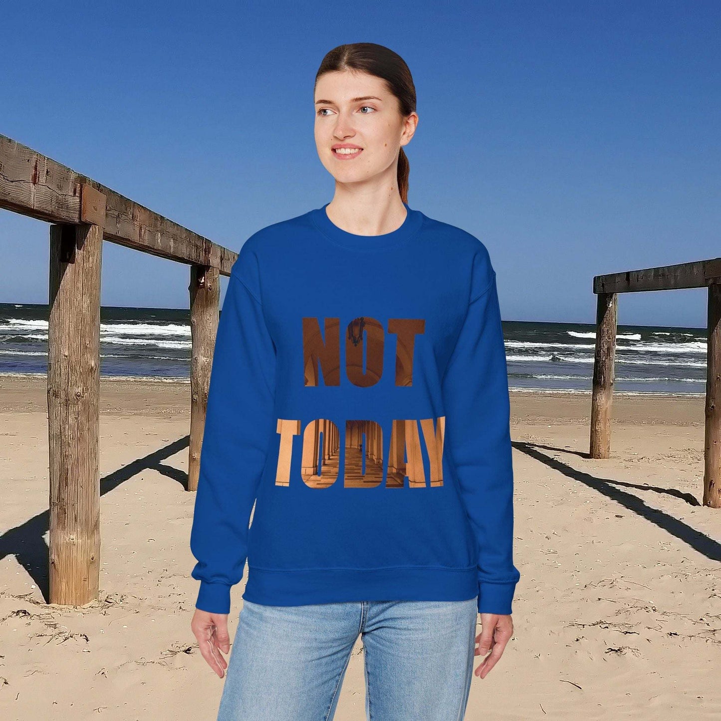 Cozy Unisex Crewneck Sweatshirt with "Not today" design, perfect for casual style and comfort.