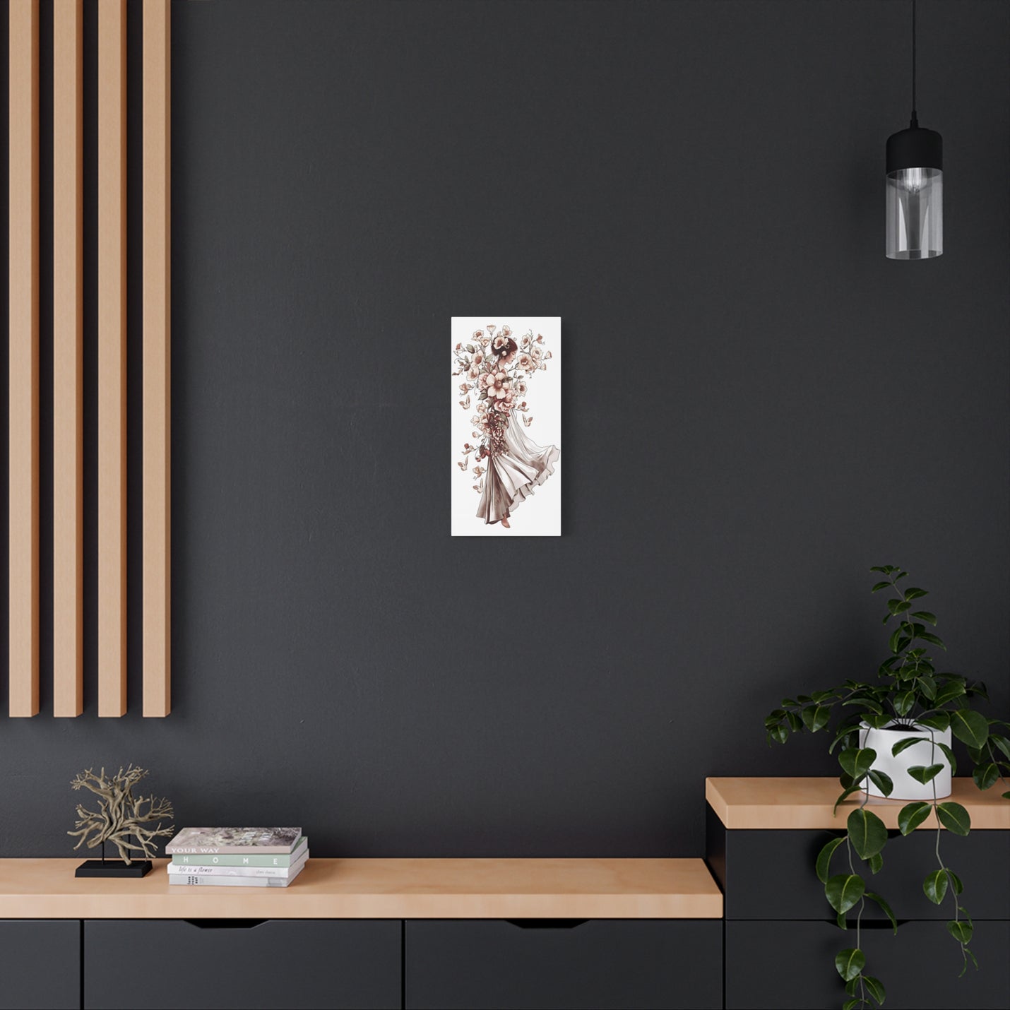 Blossoms and butterflies art on a 10″ x 20″ | 25.40 cm x 50.80 cm matte canvas print, Depth 1.25″ | 3.18 cm.