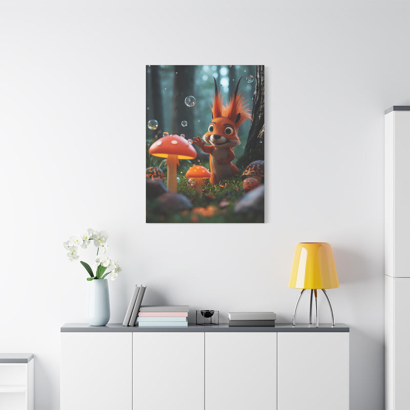 Cute Squirrel & Mushroom Canvas Print — Whimsical Forest Nursery Wall Art
