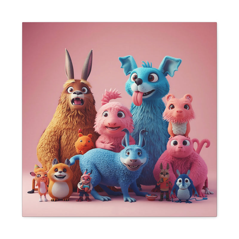 Cute Colorful Creature Family Matte Canvas Wall Art in 24″ x 24″ | 60.96 cm x 60.96 cm size with 1.25″ | 3.18 cm depth.