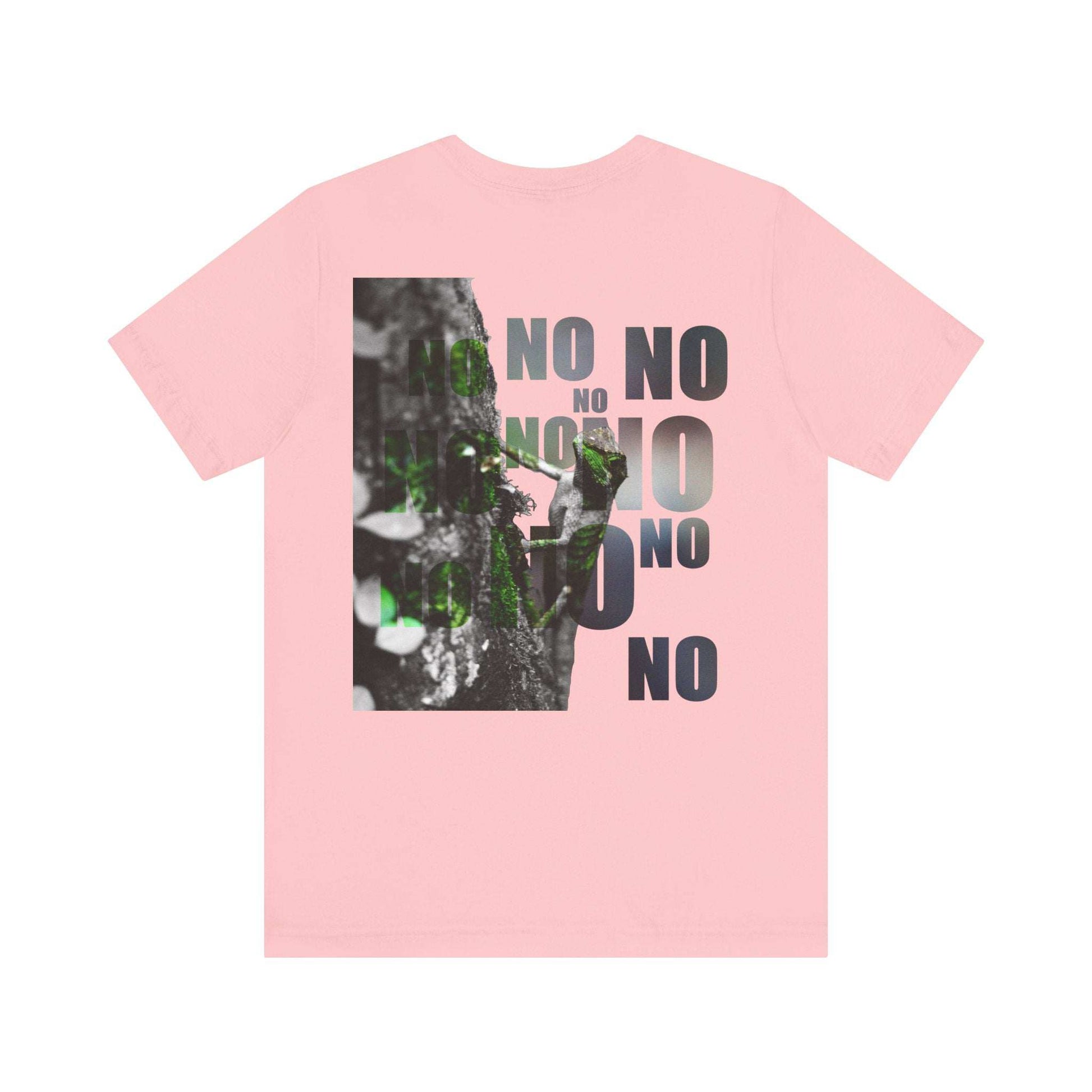 Diploderma Nature Print Unisex Tee with Yes and No Graphic on Pink Background.