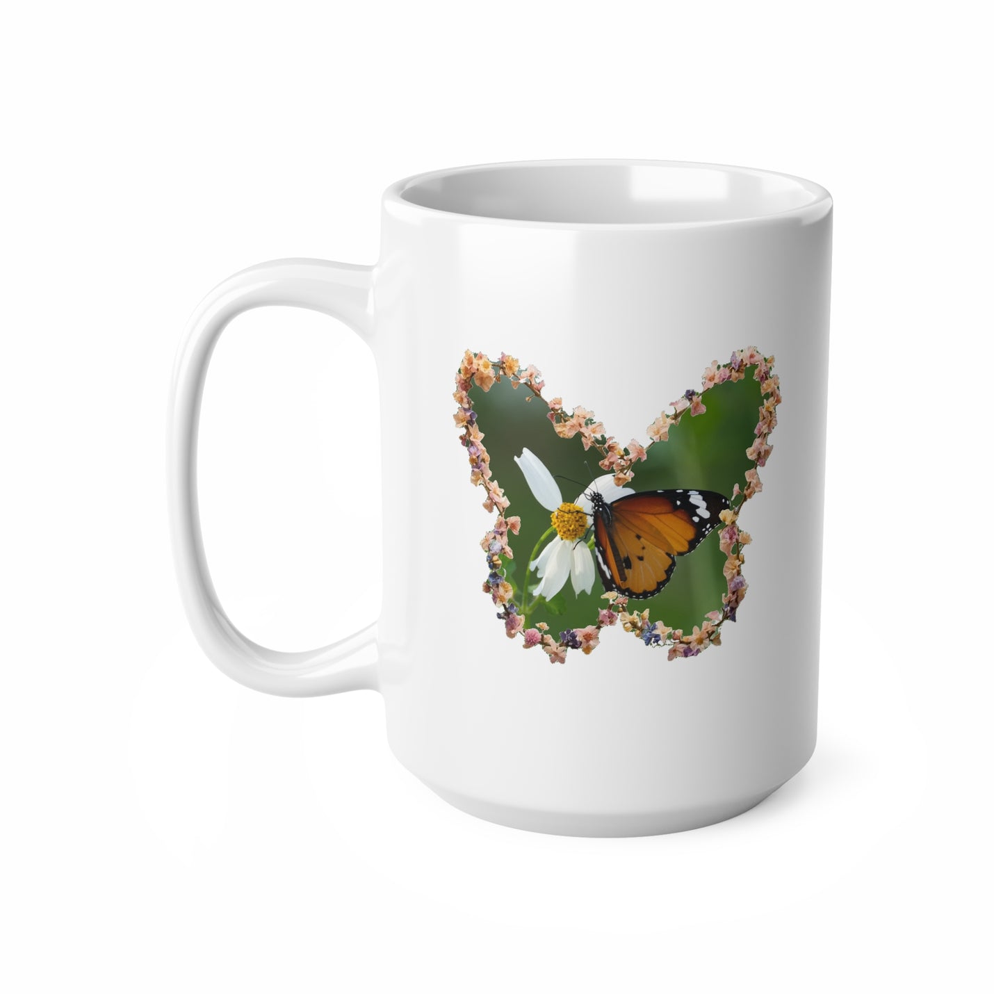 Large 440ml butterfly daisy wreath ceramic coffee mug displaying a beautiful monarch butterfly design for garden lovers.