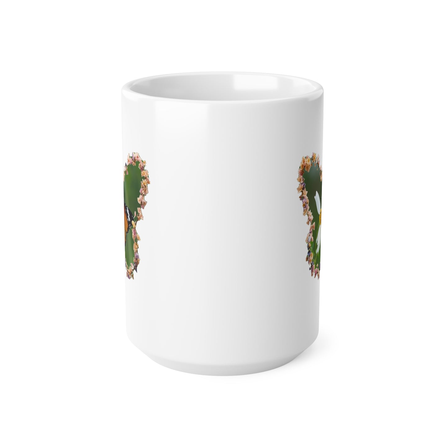 Stylish 440ml ceramic mug showing a protective glossy finish and butterfly daisy wreath print for morning coffee routines.