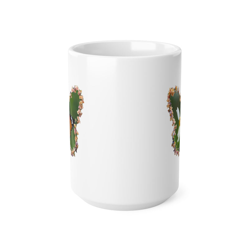 Stylish 440ml ceramic mug showing a protective glossy finish and butterfly daisy wreath print for morning coffee routines.