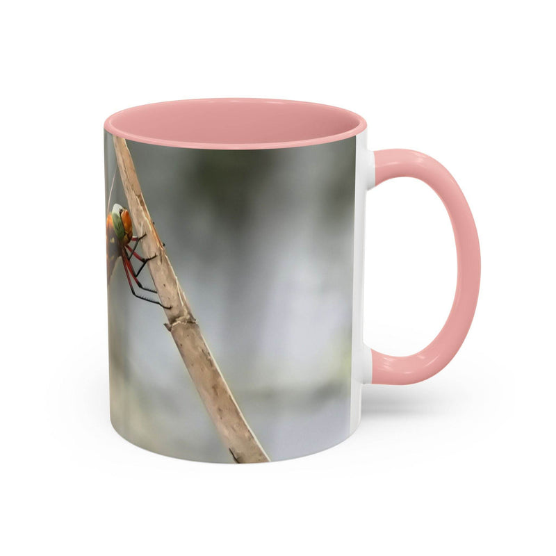 High-quality 325ml ceramic mug featuring a dragonfly illustration with an eye-catching contrast pink handle and interior.