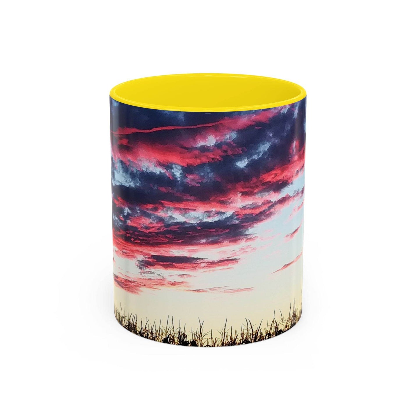 Künstlerischer 325ml Kaffeebecher mit Sonnenuntergangs-Akzent, gestaltet mit einem gelben Henkel und gelber Innenseite.