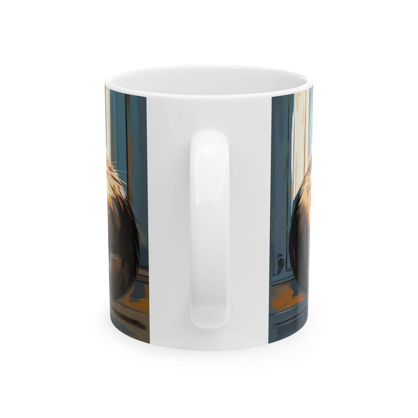 Cozy lifestyle view of a 11oz Mug - Three Cats Sleeping on a Windowsill Ceramic Coffee Mug near a bright window for a coffee break.