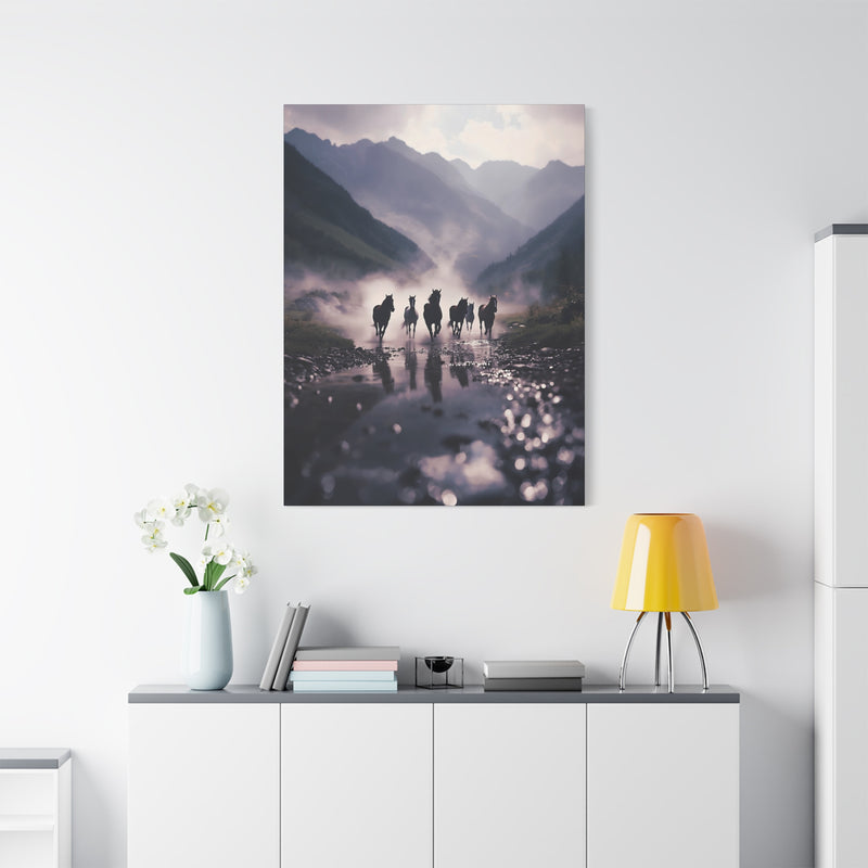 Premium 36″ x 48″ | 91.44 cm x 121.92 cm nature canvas print featuring mist and horses on a 1.25″ | 3.18 cm gallery frame.