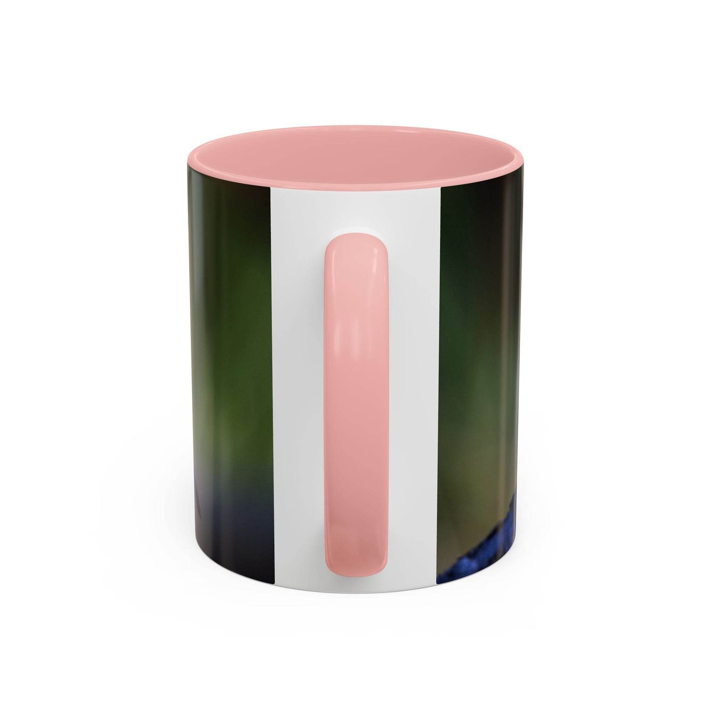 Robin bird themed 11oz coffee mug with a stylish pink handle and solid pink inside, ideal nature gift.