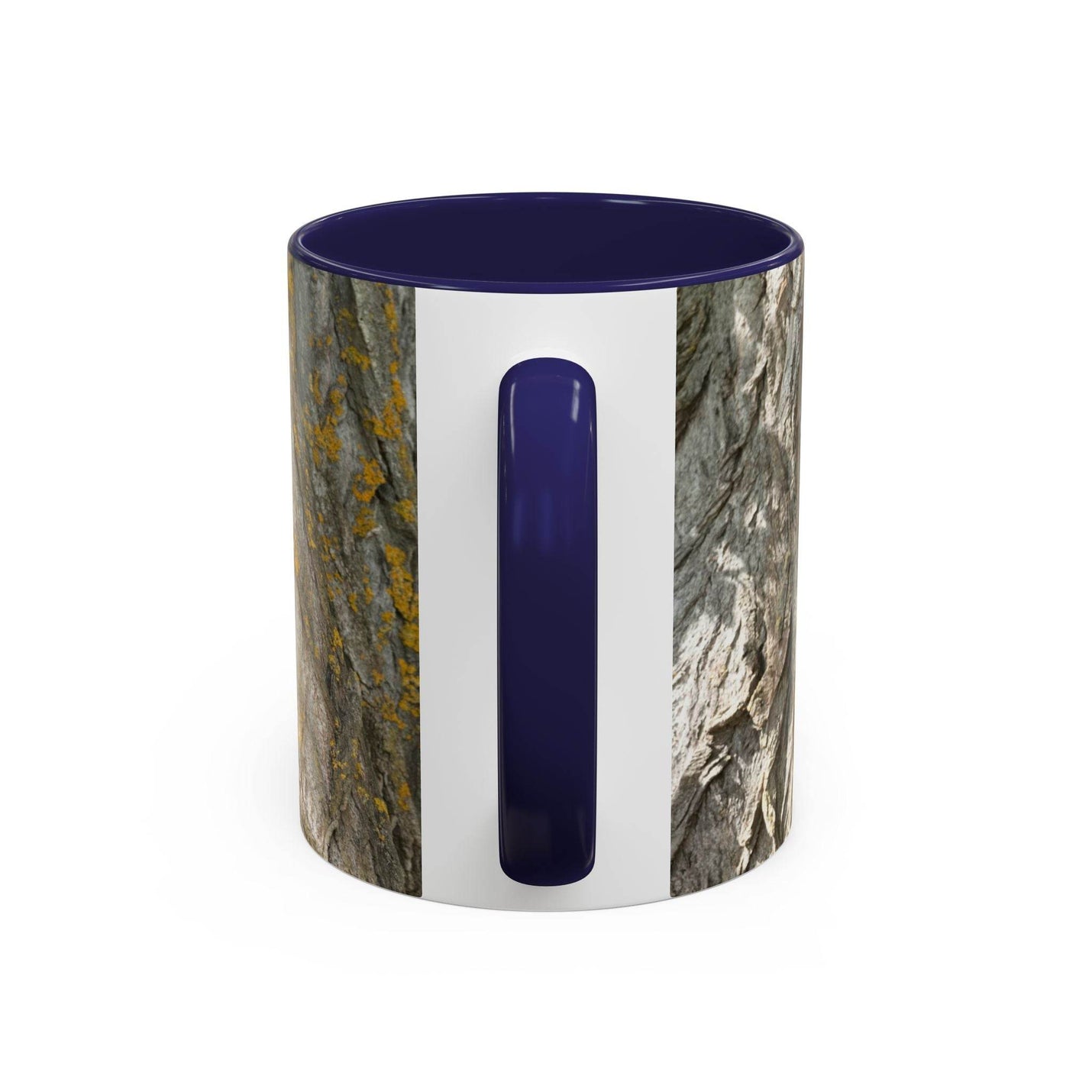 Earthy 11oz Coffee Mug - Tree Trunk Design in a bright kitchen, showcasing its navy handle and navy inside.