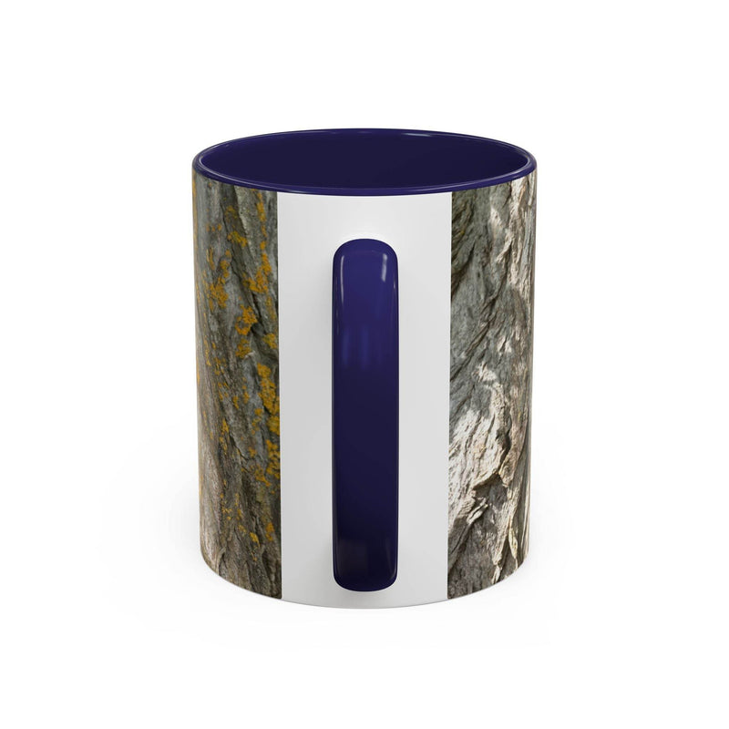 Earthy 11oz Coffee Mug - Tree Trunk Design in a bright kitchen, showcasing its navy handle and navy inside.