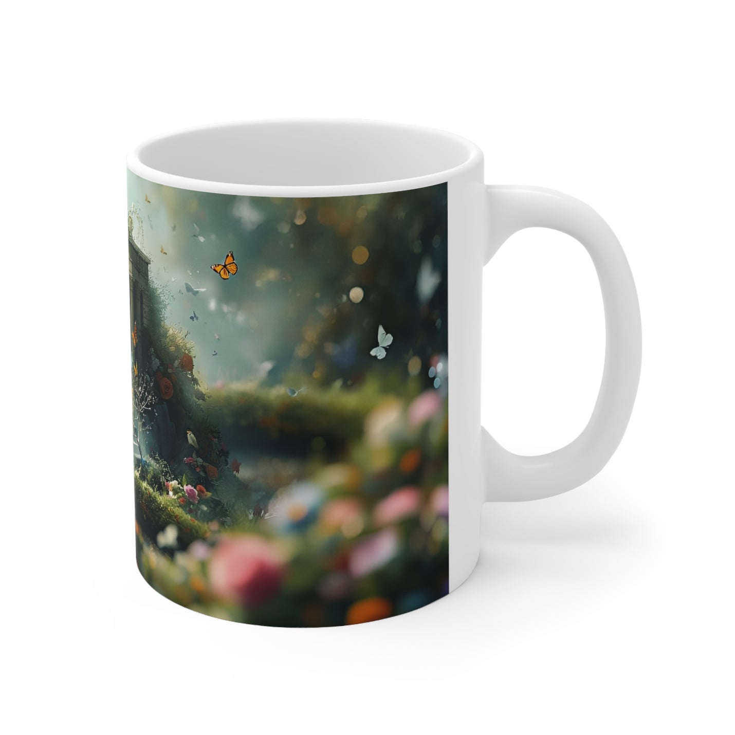 Artisan 325ml ceramic mug wrapped in a painterly floral temple illustration with a comfortable C-handle for tea pauses.