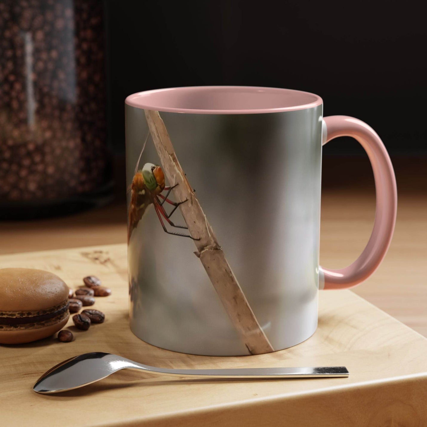 Beautiful 325ml dragonfly mug with a smooth finish, a perfect gift idea featuring a bold pink handle and pink inside.